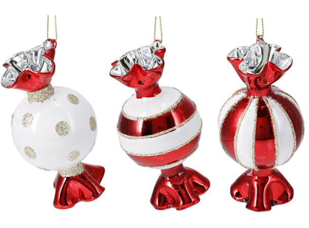 Juletrepynt drops glass røde 10,7cm 3ass Forpk 12stk 3 design m/sølvtråd 