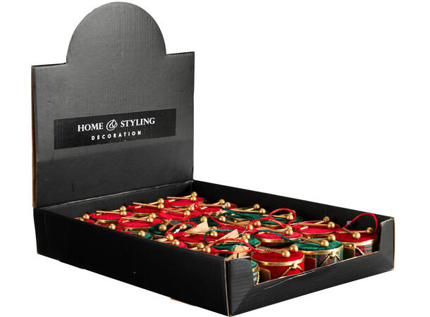 Juletrepynt tromme henge 6cm 3ass Display 24stk Rød fløyel og rutemønster 