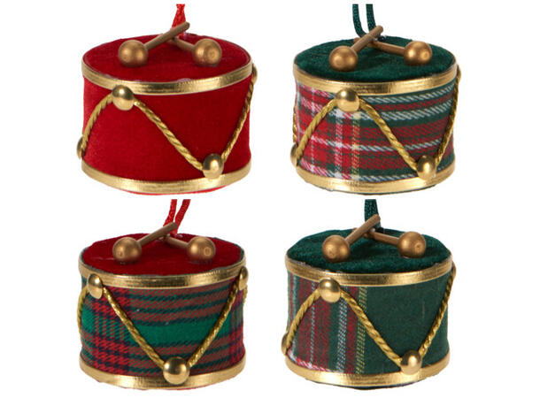 Juletrepynt tromme henge 6cm 3ass Rød fløyel og rutemønster 