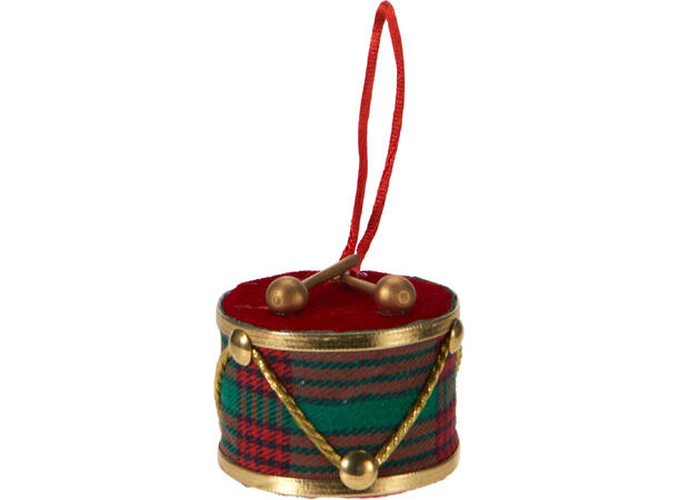 Juletrepynt tromme henge 6cm 3ass Rød fløyel og rutemønster 