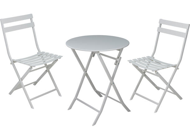 Kafésett hvit metall bord og 2 stoler Bord 60x71cm Stol: 50x42x81cm 