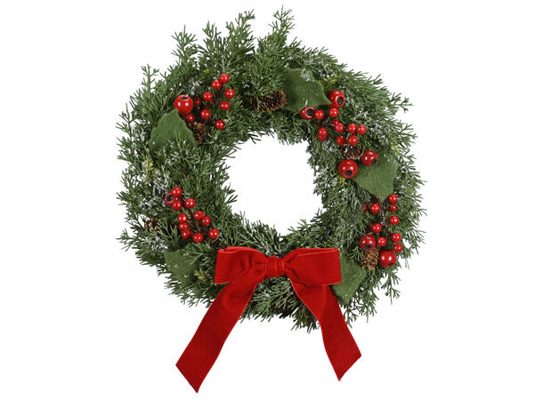Krans grønn m/røde bær og sløyfe 34cm 