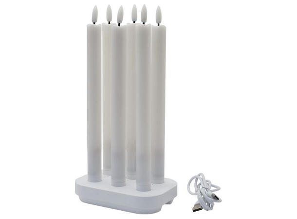Kronelys LED hvit h.plast 14x9x25cm s/6 Ladeplate med USB kabel 