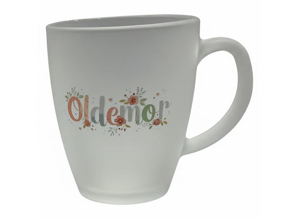 Krus frostet glass m/hjerte Oldemor 10cm 12x9x10cm. Nøkkelring m/hjerte av PU 