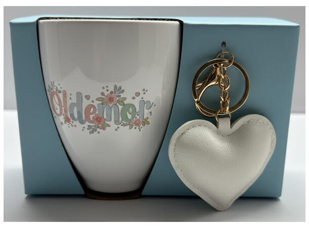 Krus frostet glass m/hjerte Oldemor 10cm 12x9x10cm. Nøkkelring m/hjerte av PU 