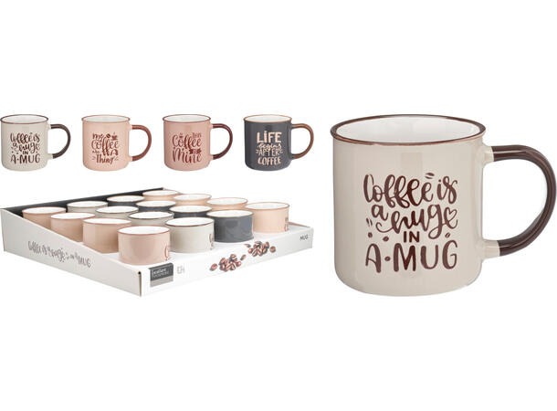 Krus kaffe keramikk 11x8x8cm 250ml 4ass 16stk i display. .ed pregede kaffetekst 