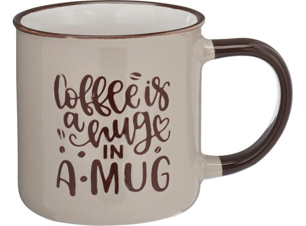 Krus kaffe keramikk 11x8x8cm 250ml 4ass 16stk i display. .ed pregede kaffetekst 