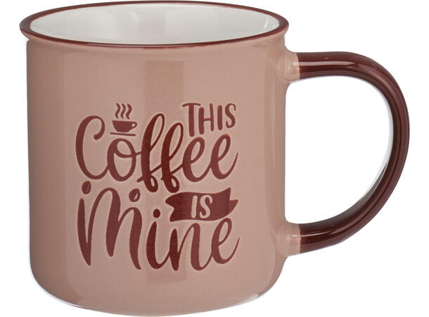 Krus kaffe keramikk 11x8x8cm 250ml 4ass 16stk i display. .ed pregede kaffetekst 