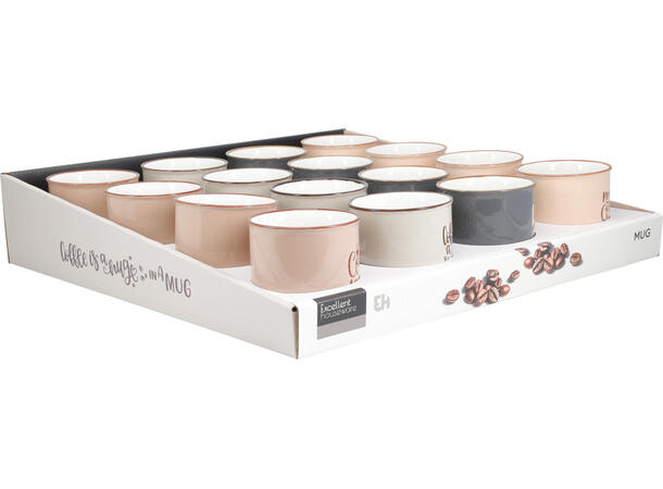Krus kaffe keramikk 11x8x8cm 250ml 4ass 16stk i display. .ed pregede kaffetekst 