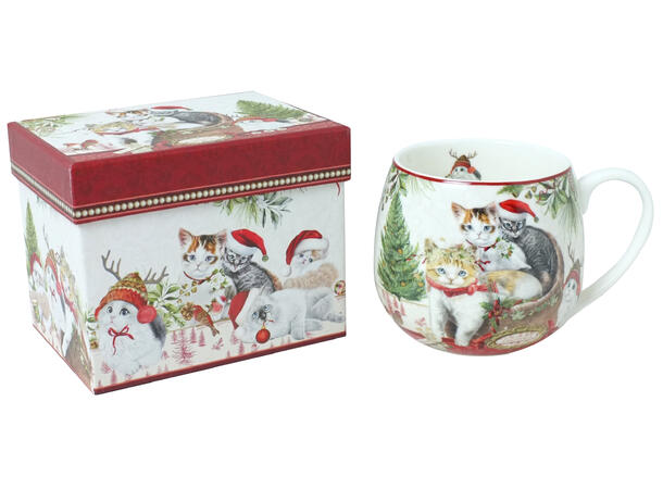 Krus porselen m/katt i gaveeske 12,3x9cm 