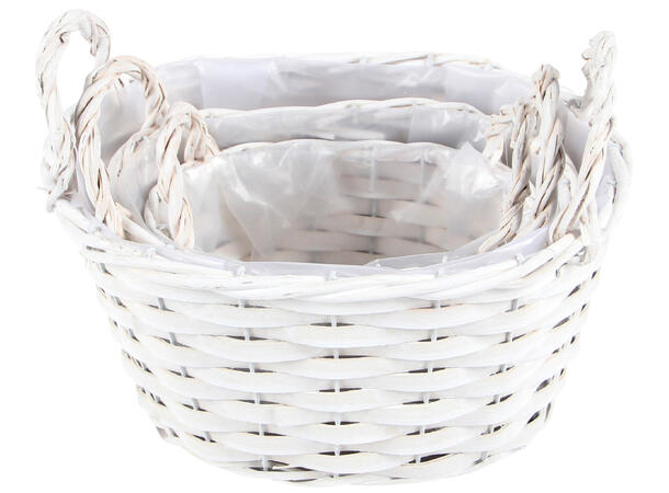 Kurv hvit flettet m/plast 25x19x18cm s/3 