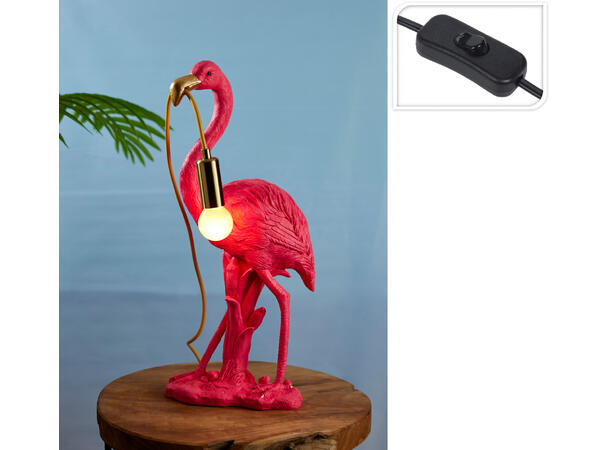 Lampe bord rosa flamingo poly 21x45cm Ledning 180cm m/bryter E14 lyspære 