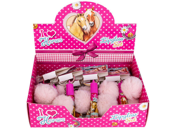 Lipgloss m/nøkkelring pom-pom Jordbær Display 12stk Vegansk  Duft: Jordbær 