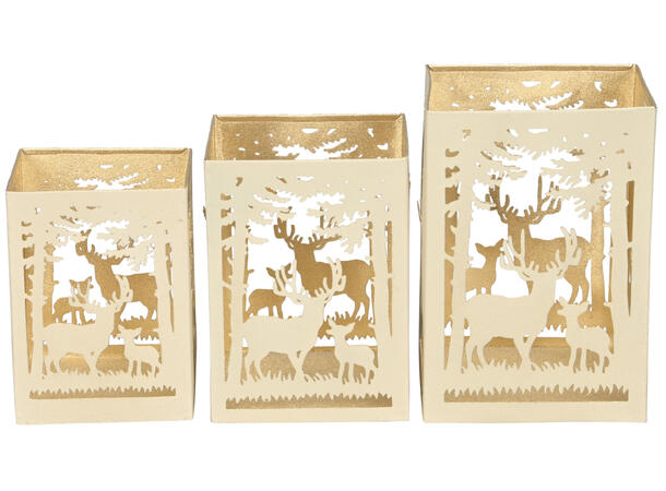 Lykt Reinsdyr krem metall m/gull s/3 10x10x14cm 11,5x11,5x16cm 13x13x18,5cm 