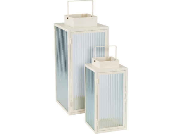 Lykt offwhite metall m/stripet glass s/2 16x16x34cm 20x20x45cm 