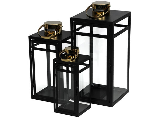 Lykt sort-gull metall s/3 12x28cm 16x35cm 20x44cm 