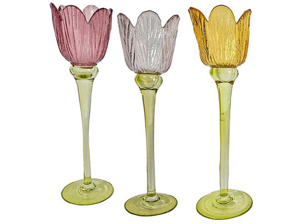 Lysestake tulipan glass 8x27,5cm 3ass 
