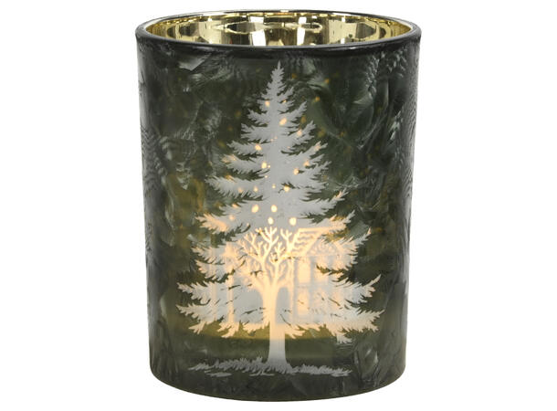 Lysglass iset grønn m/juletre 10x12,5cm 