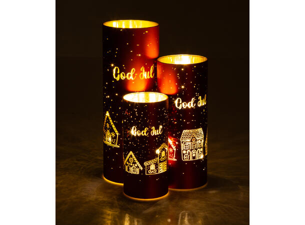 Lyslykt LED Pepperkakeby rød 7x15cm Batteri: AAAx3 Timer 6/18t 10 ledpærer 