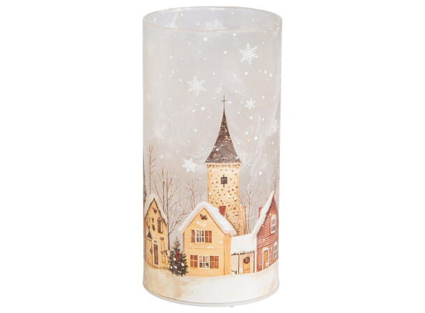 Lyslykt LED frostet Juleby 8x16cm Batteri: 3xAA 