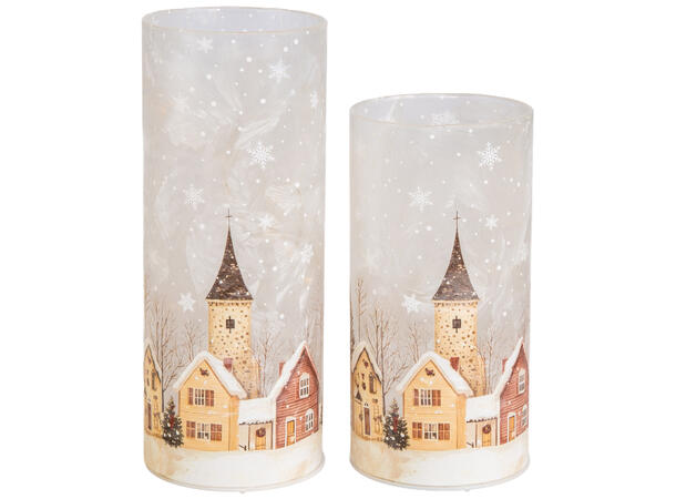 Lyslykt LED frostet Juleby 8x16cm Batteri: 3xAA 