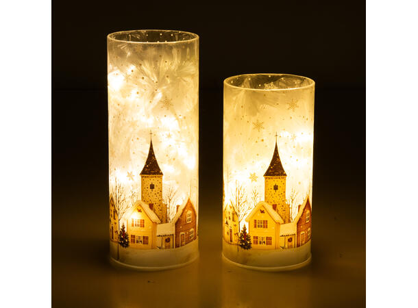 Lyslykt LED frostet Juleby 8x16cm Batteri: 3xAA 