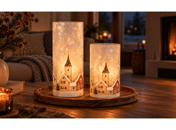 Lyslykt LED frostet Juleby 8x16cm Batteri: 3xAA 