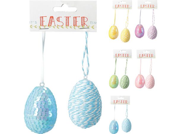 Påskeegg stripe/paljettt 7cm 5ass s/ á 2 Display med 35 sett 