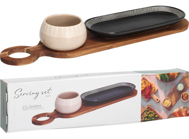 Serveringssett akasiebrett/keramikkbolle Brett 45x11cm Bolle 7,5x6cm Fat 25x10cm 