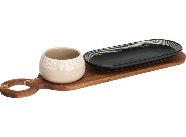 Serveringssett akasiebrett/keramikkbolle Brett 45x11cm Bolle 7,5x6cm Fat 25x10cm 