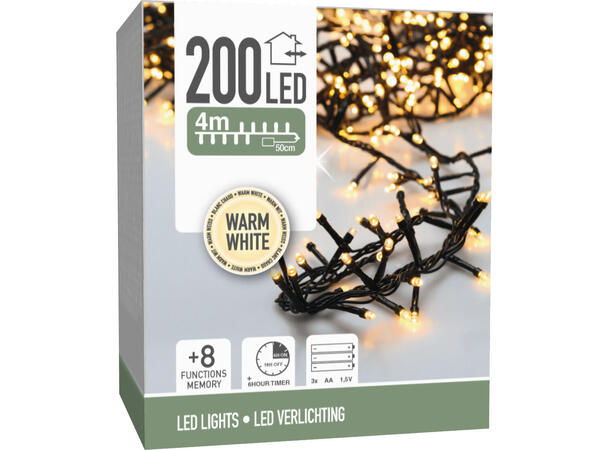 Snake lys 200 LED batteri grønn kabel IP44 8 funksjoner Timer 6/18t 