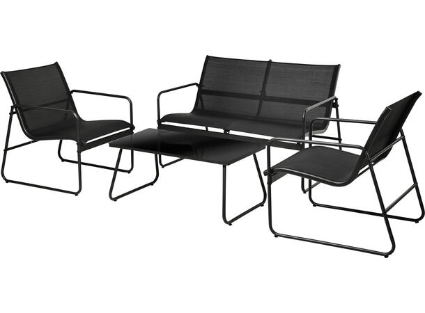 Sofasett sort metall med glassbord 4 deler 