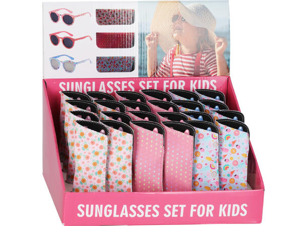 Solbriller barn jente 12x12x3cm 3ass Display med 24stk. Leveres med stoffpose 