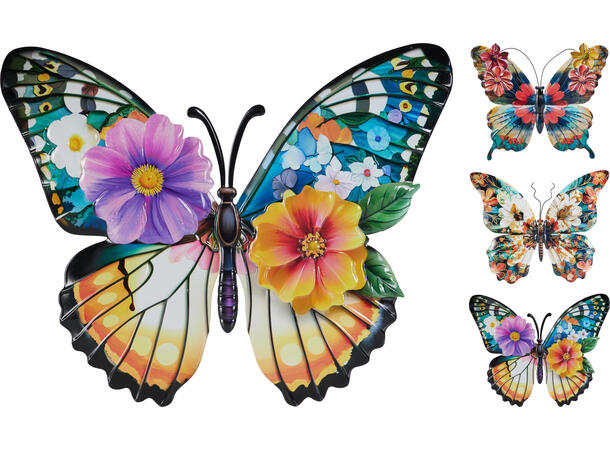 Sommerfugl metall vegg 40x34,5cm 3ass Forpakn.24stk 