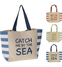 Strandbag beige m/tekst 56x18x36cm 3ass Magnetlukking og bomullshåndtak