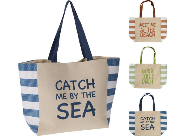 Strandbag beige m/tekst 56x18x36cm 3ass Magnetlukking og bomullshåndtak 