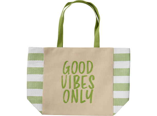 Strandbag beige m/tekst 56x18x36cm 3ass Magnetlukking og bomullshåndtak 