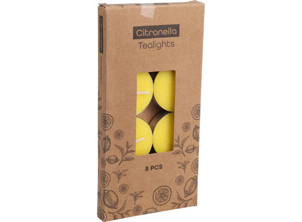 Telys sitronella alu-kopp 8 stk pr pakke Brennetid 3–3,5 timer. 3% sitronella. 
