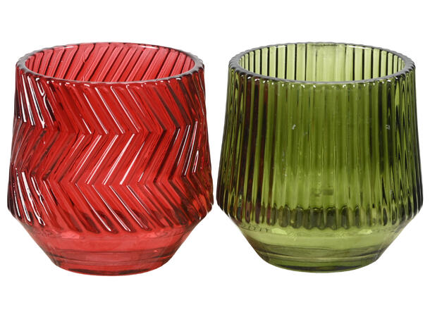 Telysestake rød/grønn glass 8x8cm 2ass 