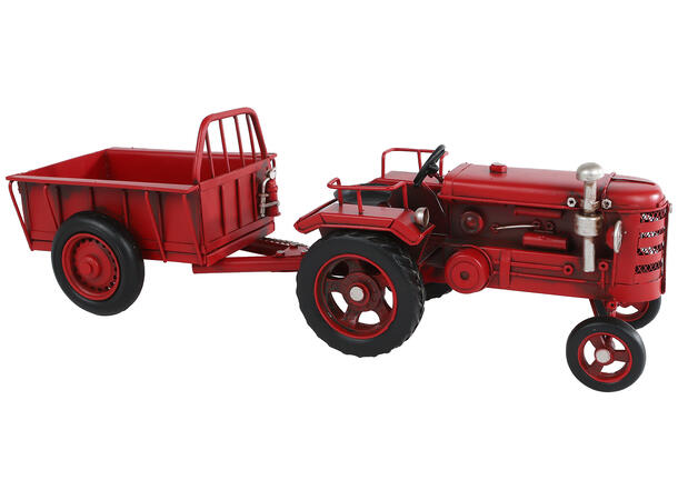 Traktor med henger rød metall 33x10cm 