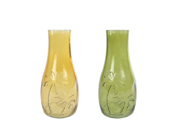 Vase gul/grønn glass m/palmer 24cm 2ass 
