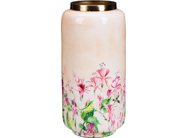 Vase metall rosa m/blomst 15x30cm Gullkant 