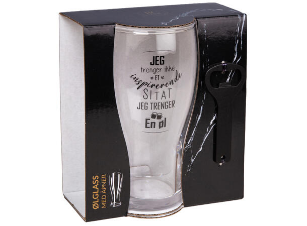 Ølglass m/åpner Jeg trenger ØL 0,5L 16cm Volum: 570ml. Tåler oppvaskmaskin. Fpk:6 