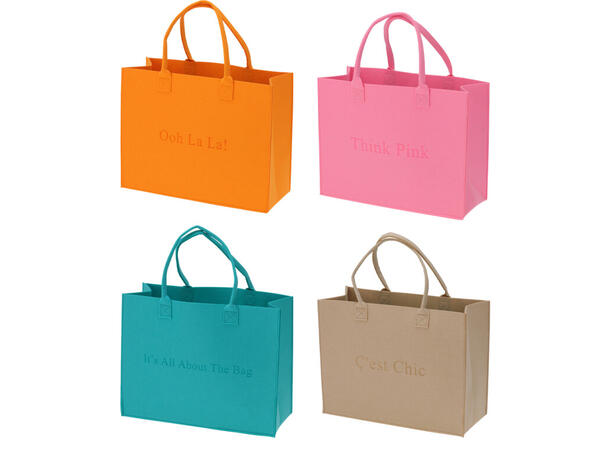 Bag filt 44x34cm med tekster 4ass Forpk 12stk Oransj aquablå rosa beige 