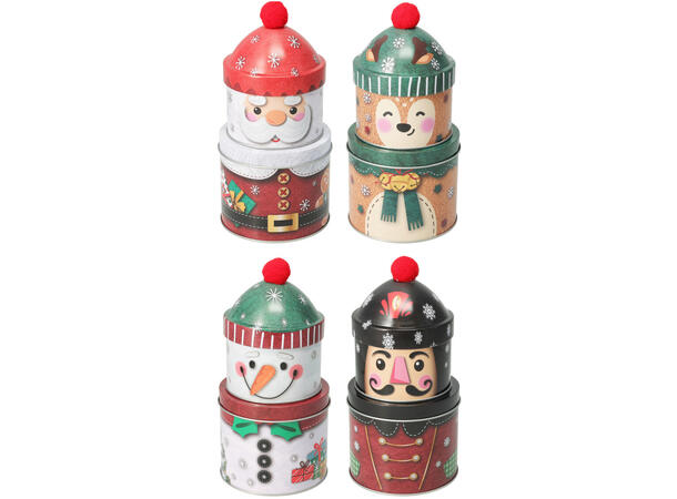 Boks metall julemotiv 11x21cm 2stk 4ass Forpk 12stk V:160gr Topp 9x13 Bunn 11x9 