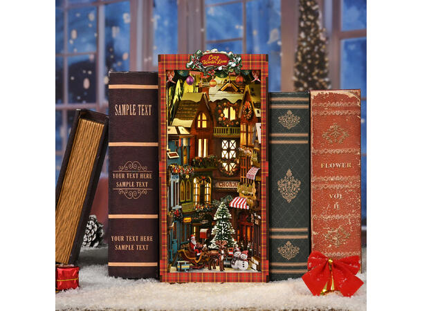 Book Nook Julehjørnet 23x18x11cm MDF papir stoff LED lys uten batteri 