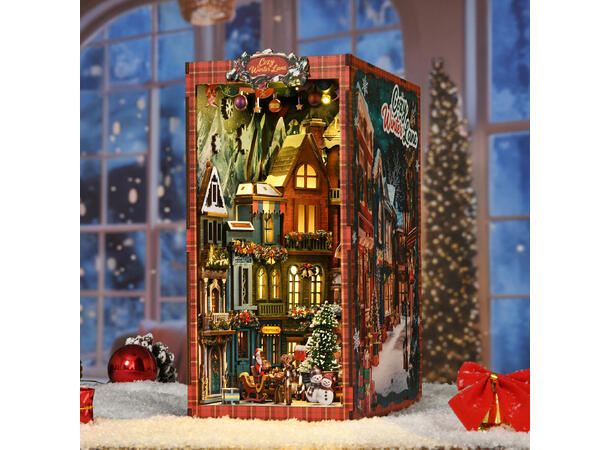 Book Nook Julehjørnet 23x18x11cm MDF papir stoff LED lys uten batteri 