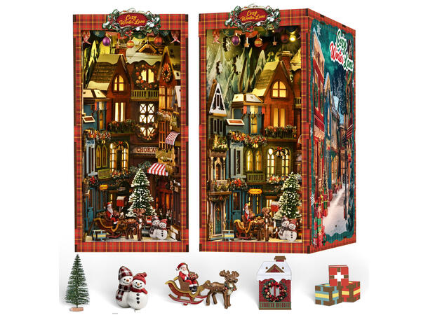 Book Nook Julehjørnet 23x18x11cm MDF papir stoff LED lys uten batteri 