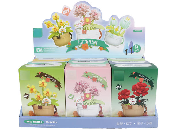 Byggesett blomsterpotte mini kloss 9ass Display 9stk 173-220 deler 