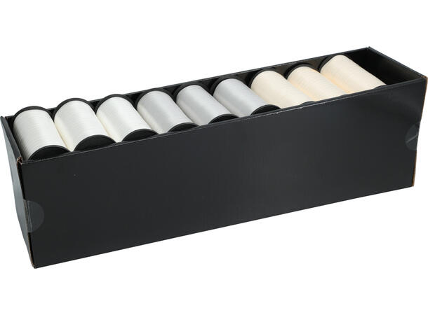 Bånd gavebånd hvit,grå,beige 100meter Display med 27 stk assortert 